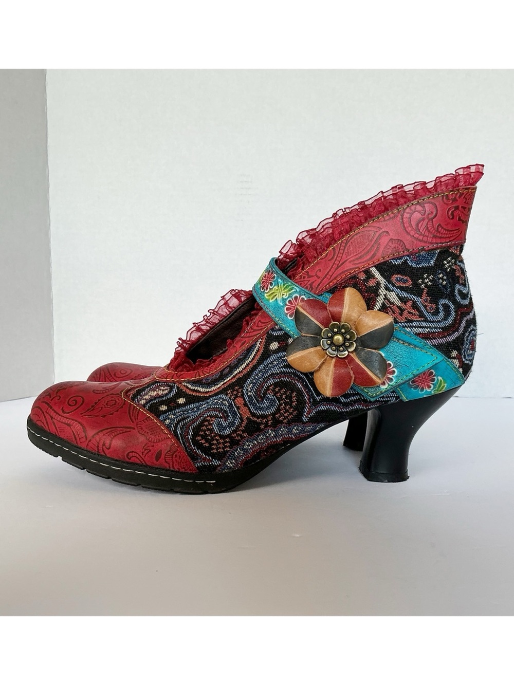 Socofy Floral Leather & Tapestry Ankle Bootie Pumps EU Size 41/US 10 - Picture 6 of 14